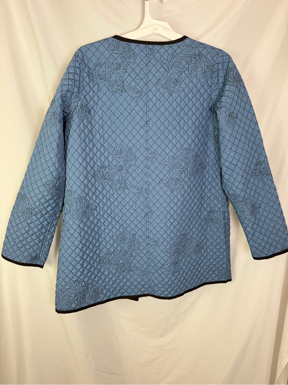 Soft Surroundings Quilted Blue Button-Front Puffer Jacket with Black Trim - Picture 6 of 7